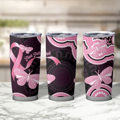 Australia Indigenous Tumbler Cup Pink Ribbon Breast Cancer Butterfly Aboriginal Black