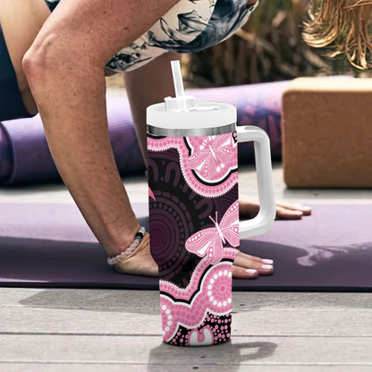 Australia Indigenous Tumbler With Handle Pink Ribbon Breast Cancer Butterfly Aboriginal Black