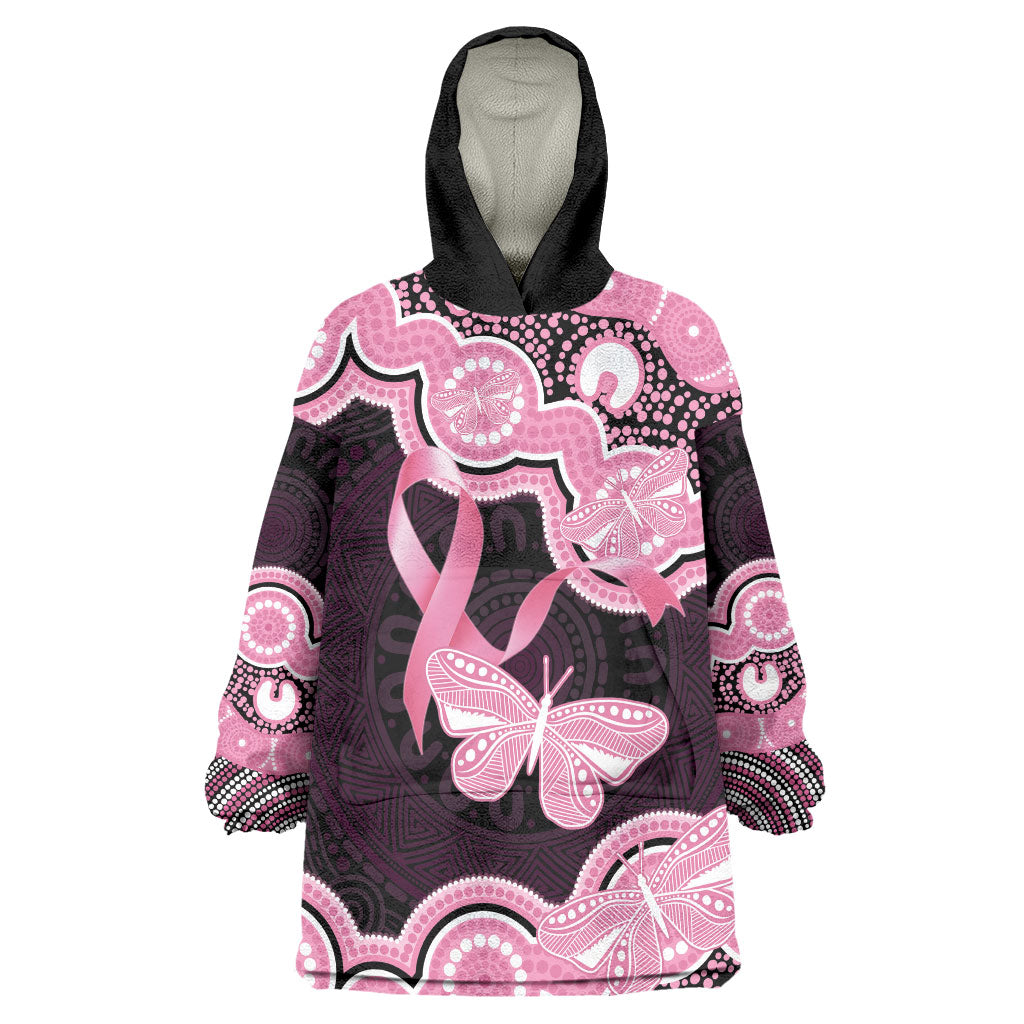 Australia Indigenous Wearable Blanket Hoodie Pink Ribbon Breast Cancer Butterfly Aboriginal Black