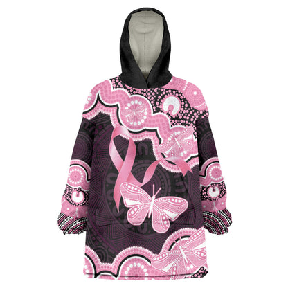 Australia Indigenous Wearable Blanket Hoodie Pink Ribbon Breast Cancer Butterfly Aboriginal Black