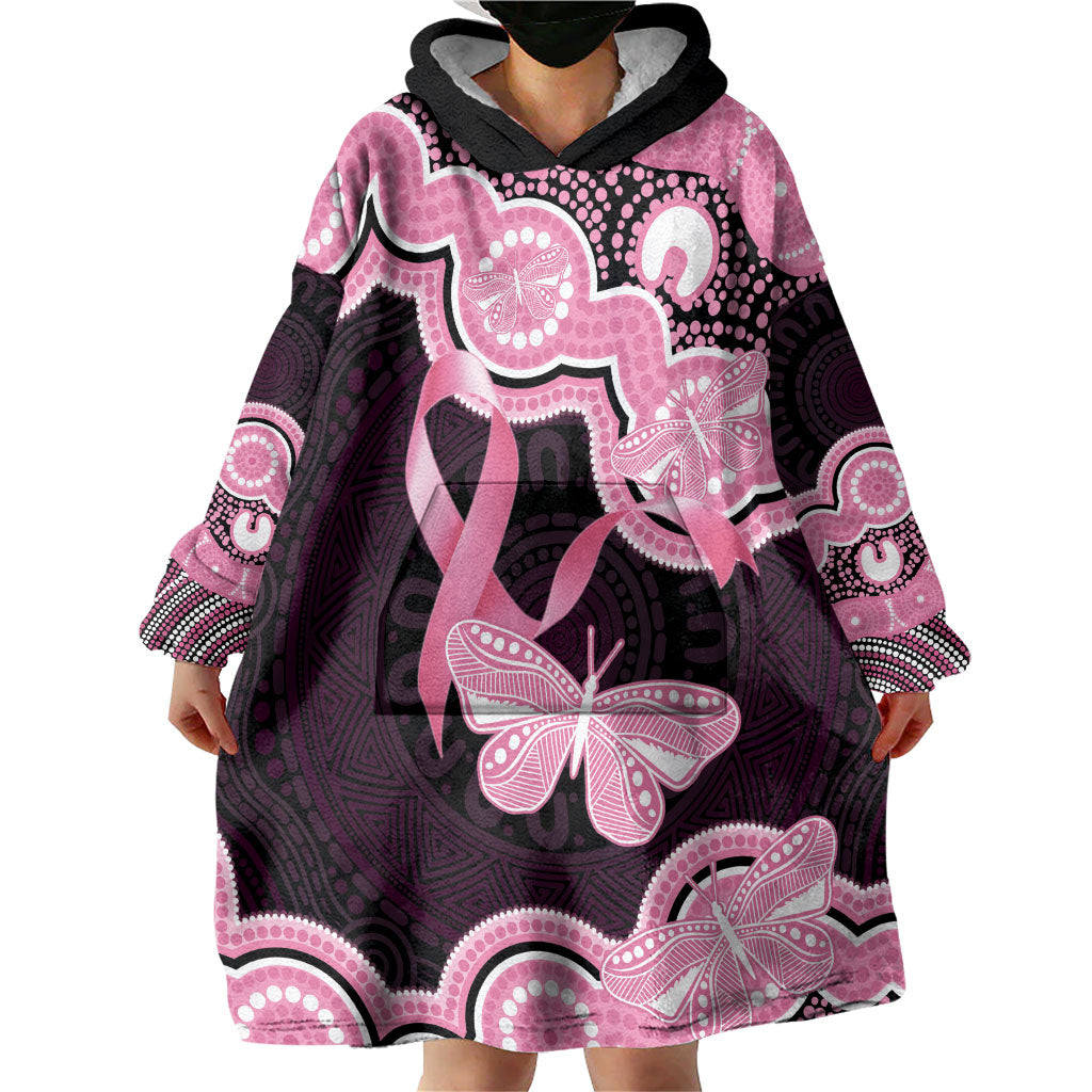 Australia Indigenous Wearable Blanket Hoodie Pink Ribbon Breast Cancer Butterfly Aboriginal Black