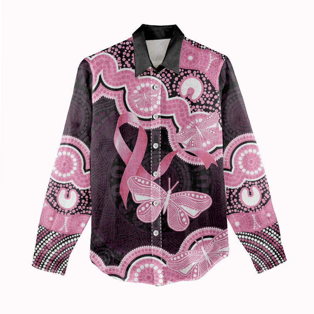 Australia Indigenous Women Casual Shirt Pink Ribbon Breast Cancer Butterfly Aboriginal Black