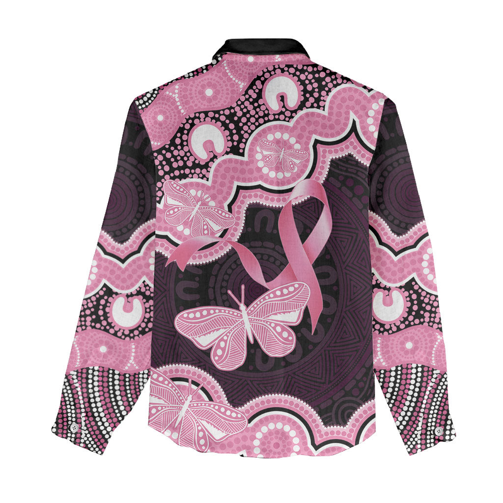 Australia Indigenous Women Casual Shirt Pink Ribbon Breast Cancer Butterfly Aboriginal Black
