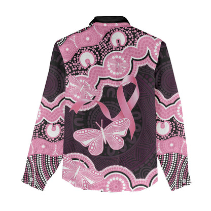 Australia Indigenous Women Casual Shirt Pink Ribbon Breast Cancer Butterfly Aboriginal Black