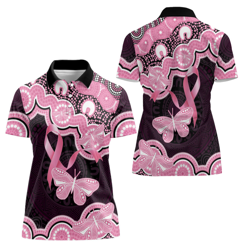 Australia Indigenous Women Polo Shirt Pink Ribbon Breast Cancer Butterfly Aboriginal Black