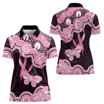 Australia Indigenous Women Polo Shirt Pink Ribbon Breast Cancer Butterfly Aboriginal Black