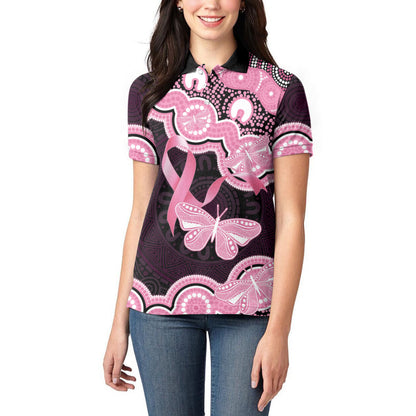 Australia Indigenous Women Polo Shirt Pink Ribbon Breast Cancer Butterfly Aboriginal Black