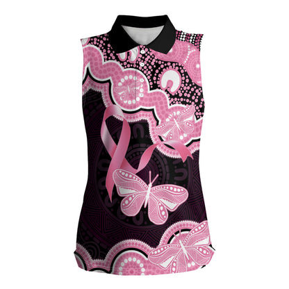 Australia Indigenous Women Sleeveless Polo Shirt Pink Ribbon Breast Cancer Butterfly Aboriginal Black