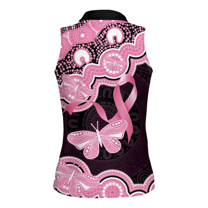 Australia Indigenous Women Sleeveless Polo Shirt Pink Ribbon Breast Cancer Butterfly Aboriginal Black