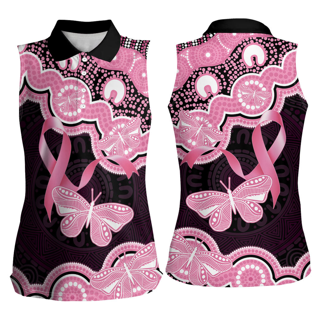 Australia Indigenous Women Sleeveless Polo Shirt Pink Ribbon Breast Cancer Butterfly Aboriginal Black