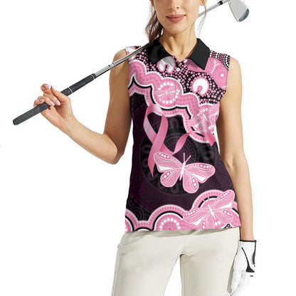 Australia Indigenous Women Sleeveless Polo Shirt Pink Ribbon Breast Cancer Butterfly Aboriginal Black