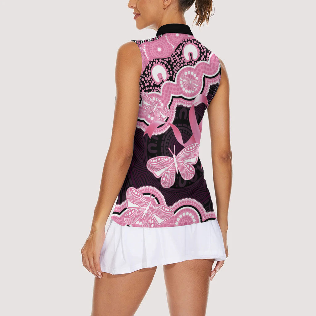 Australia Indigenous Women Sleeveless Polo Shirt Pink Ribbon Breast Cancer Butterfly Aboriginal Black