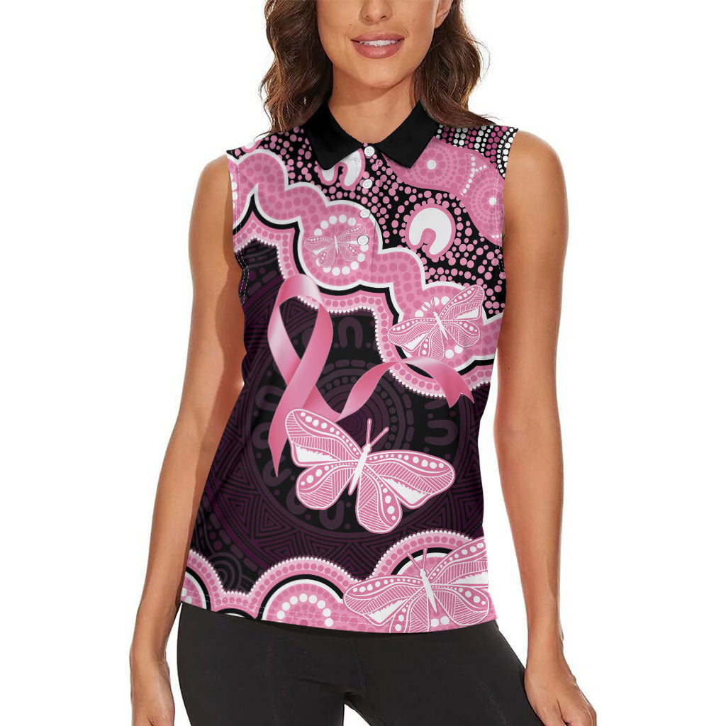 Australia Indigenous Women Sleeveless Polo Shirt Pink Ribbon Breast Cancer Butterfly Aboriginal Black
