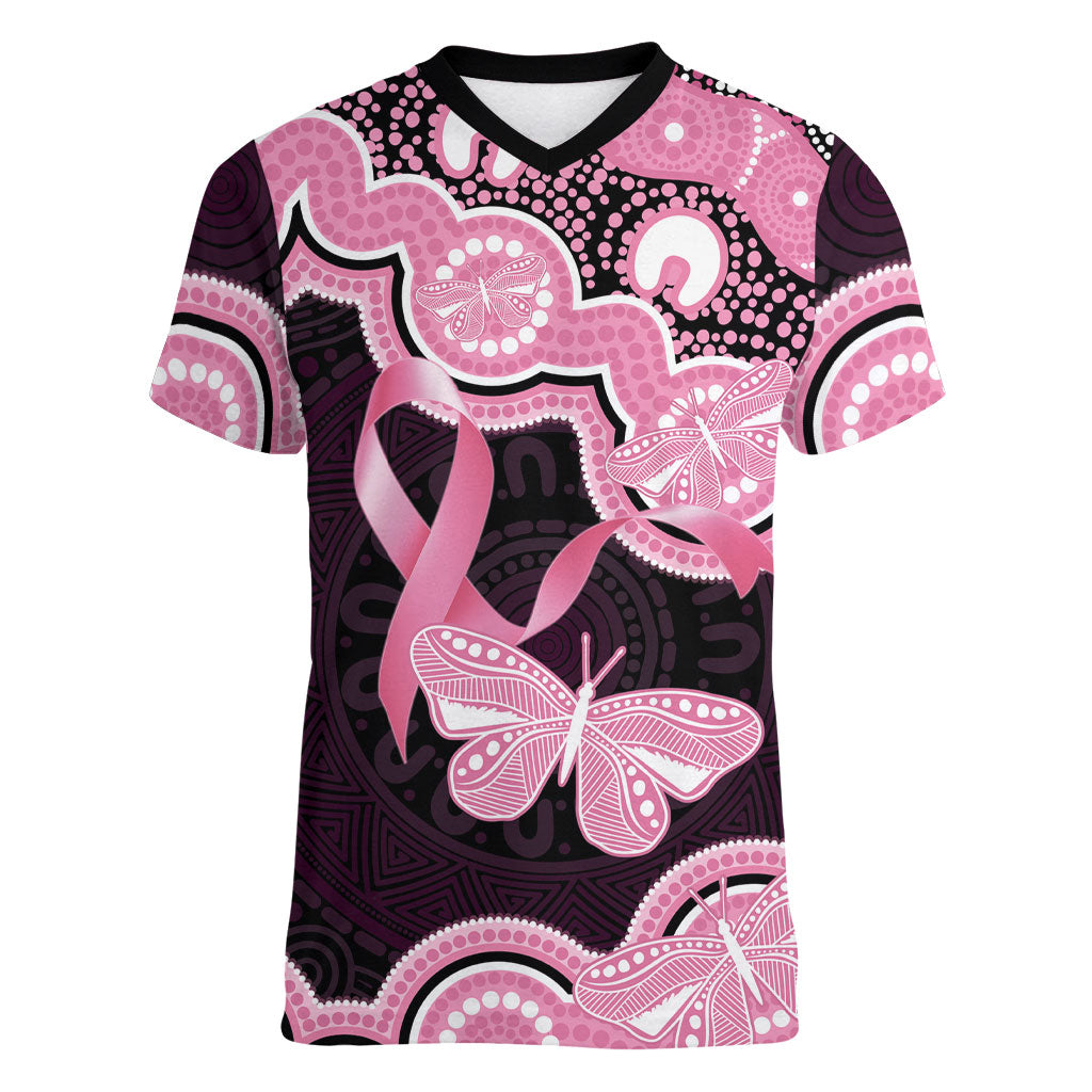 Australia Indigenous Women V-Neck T-Shirt Pink Ribbon Breast Cancer Butterfly Aboriginal Black