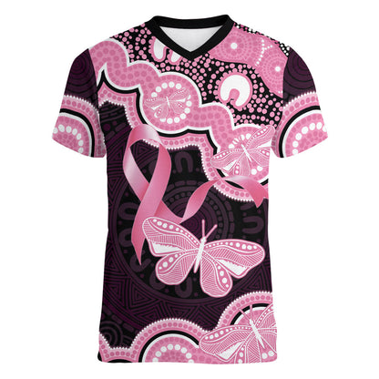 Australia Indigenous Women V-Neck T-Shirt Pink Ribbon Breast Cancer Butterfly Aboriginal Black