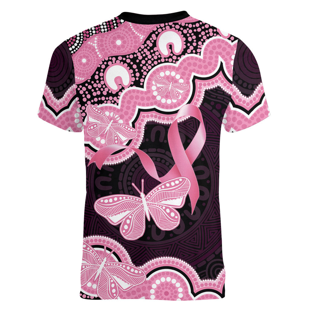 Australia Indigenous Women V-Neck T-Shirt Pink Ribbon Breast Cancer Butterfly Aboriginal Black