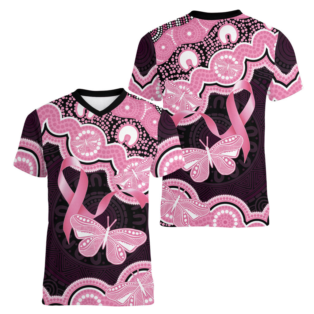 Australia Indigenous Women V-Neck T-Shirt Pink Ribbon Breast Cancer Butterfly Aboriginal Black