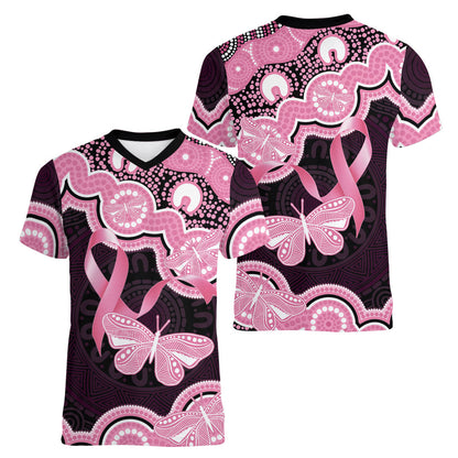 Australia Indigenous Women V-Neck T-Shirt Pink Ribbon Breast Cancer Butterfly Aboriginal Black