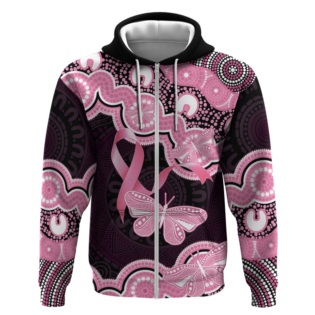Australia Indigenous Zip Hoodie Pink Ribbon Breast Cancer Butterfly Aboriginal Black