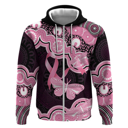 Australia Indigenous Zip Hoodie Pink Ribbon Breast Cancer Butterfly Aboriginal Black
