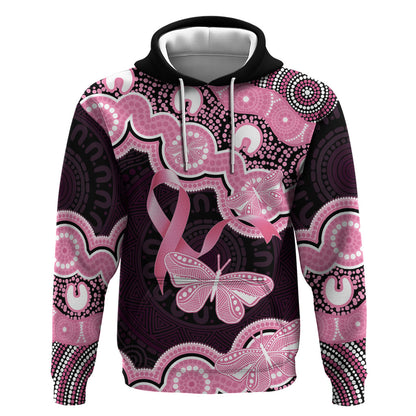 Australia Indigenous Zip Hoodie Pink Ribbon Breast Cancer Butterfly Aboriginal Black