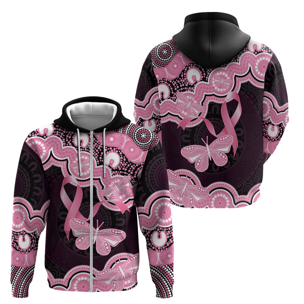 Australia Indigenous Zip Hoodie Pink Ribbon Breast Cancer Butterfly Aboriginal Black