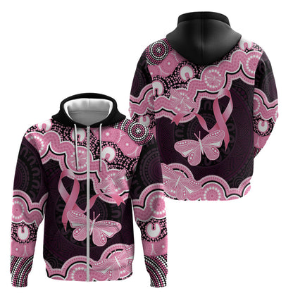 Australia Indigenous Zip Hoodie Pink Ribbon Breast Cancer Butterfly Aboriginal Black