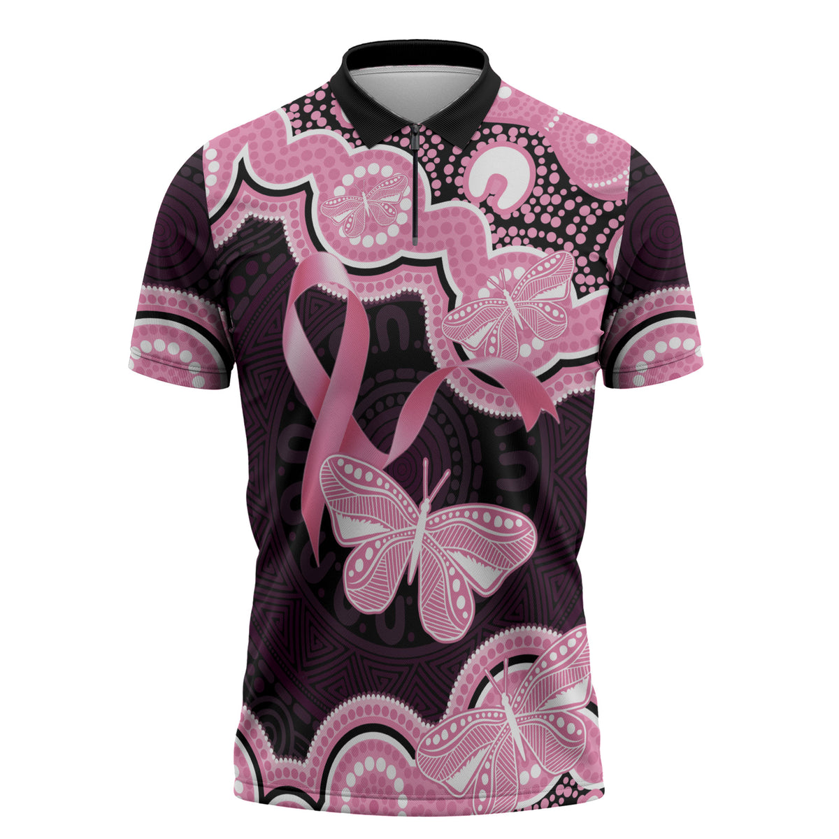 Australia Indigenous Zipper Polo Shirt Pink Ribbon Breast Cancer Butterfly Aboriginal Black