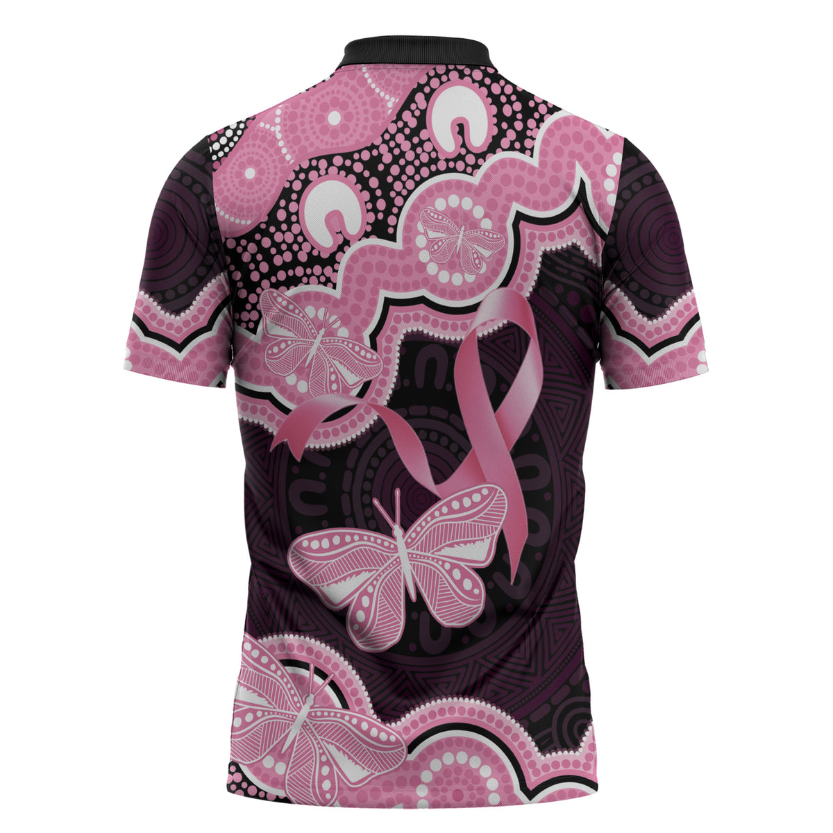 Australia Indigenous Zipper Polo Shirt Pink Ribbon Breast Cancer Butterfly Aboriginal Black