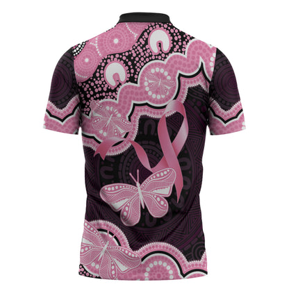 Australia Indigenous Zipper Polo Shirt Pink Ribbon Breast Cancer Butterfly Aboriginal Black