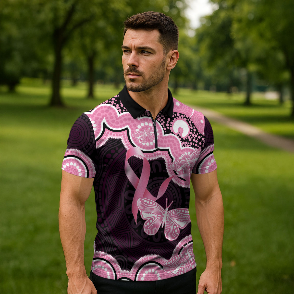 Australia Indigenous Zipper Polo Shirt Pink Ribbon Breast Cancer Butterfly Aboriginal Black