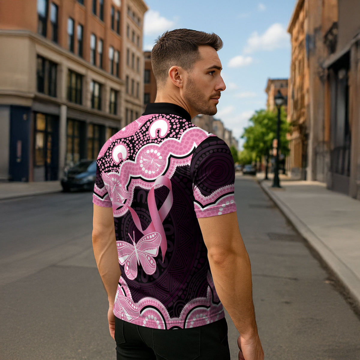 Australia Indigenous Zipper Polo Shirt Pink Ribbon Breast Cancer Butterfly Aboriginal Black