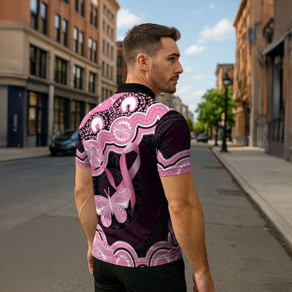 Australia Indigenous Zipper Polo Shirt Pink Ribbon Breast Cancer Butterfly Aboriginal Black
