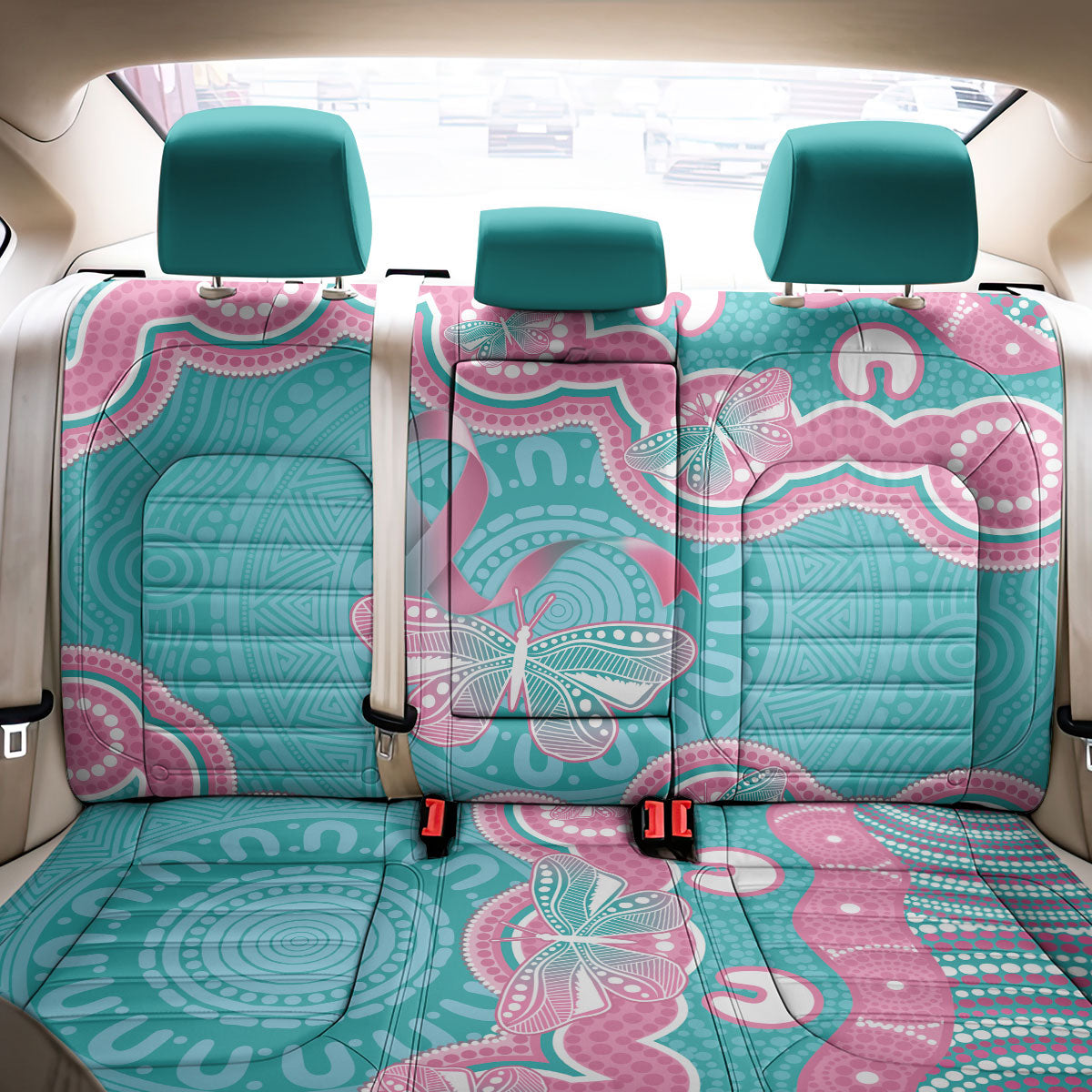 Hereditary And Gynecologic Cancer Support Back Car Seat Cover Teal Pink Ribbon Aboriginal Art