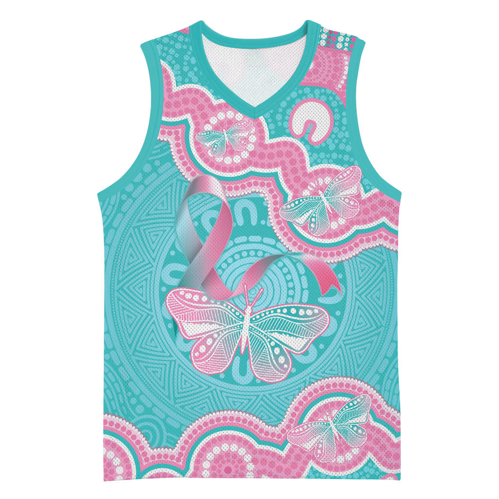 Hereditary And Gynecologic Cancer Support Basketball Jersey Teal Pink Ribbon Aboriginal Art