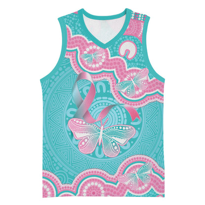 Hereditary And Gynecologic Cancer Support Basketball Jersey Teal Pink Ribbon Aboriginal Art