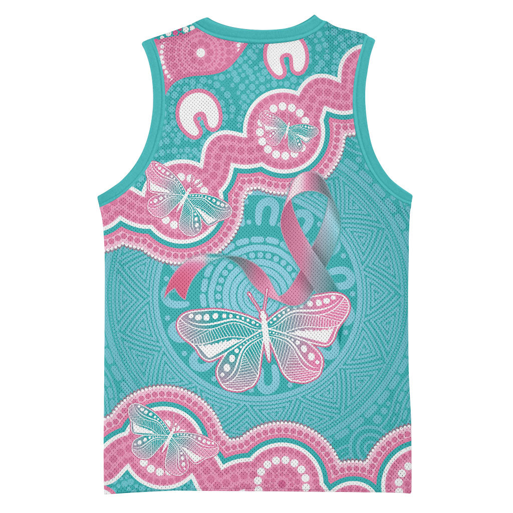 Hereditary And Gynecologic Cancer Support Basketball Jersey Teal Pink Ribbon Aboriginal Art