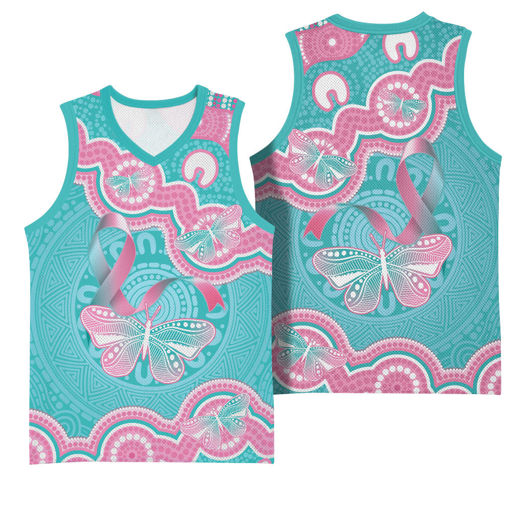 Hereditary And Gynecologic Cancer Support Basketball Jersey Teal Pink Ribbon Aboriginal Art