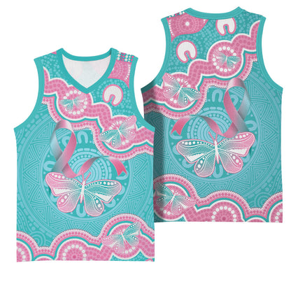 Hereditary And Gynecologic Cancer Support Basketball Jersey Teal Pink Ribbon Aboriginal Art