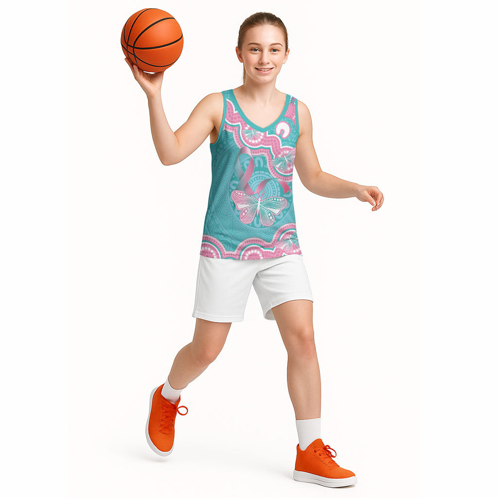 Hereditary And Gynecologic Cancer Support Basketball Jersey Teal Pink Ribbon Aboriginal Art