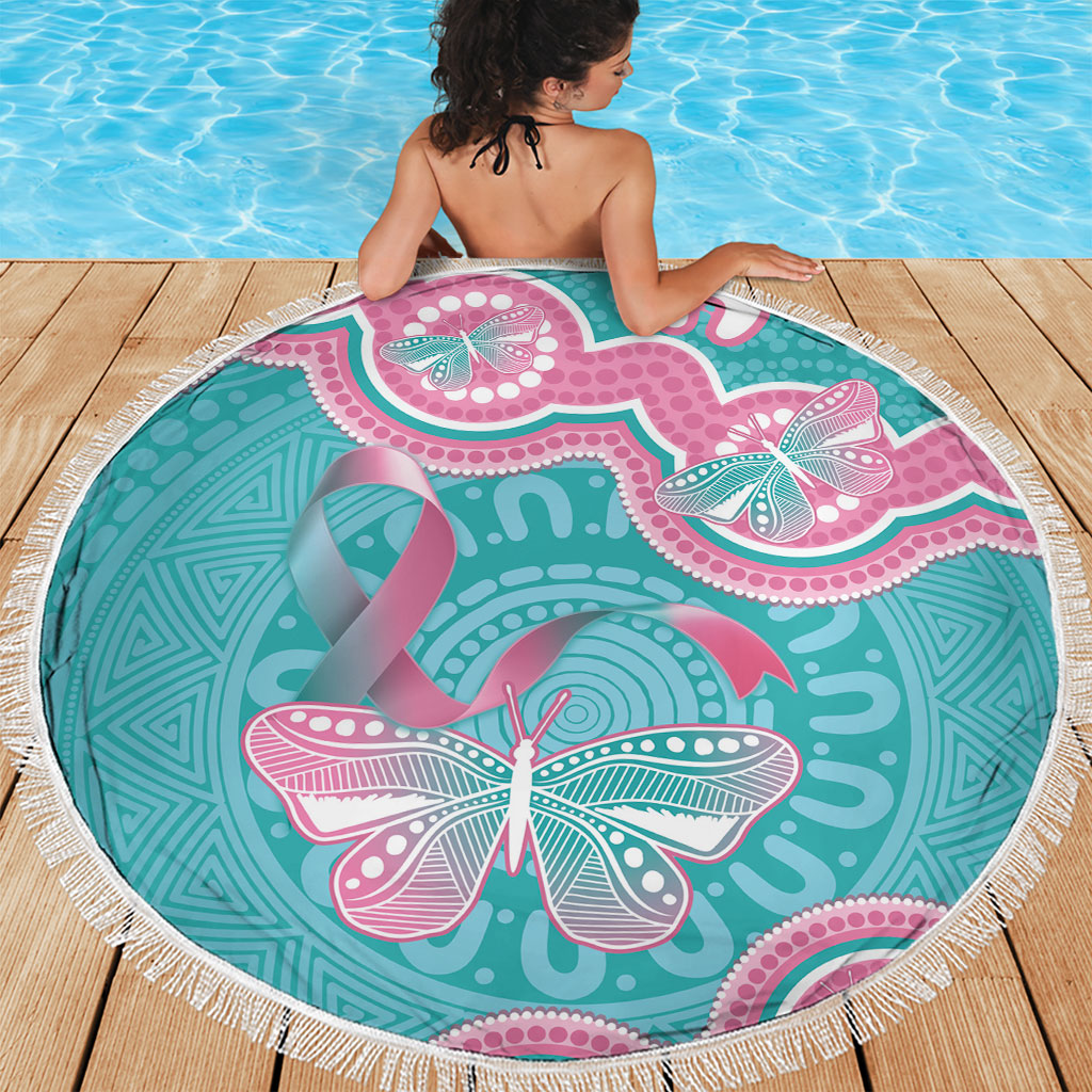 Hereditary And Gynecologic Cancer Support Beach Blanket Teal Pink Ribbon Aboriginal Art