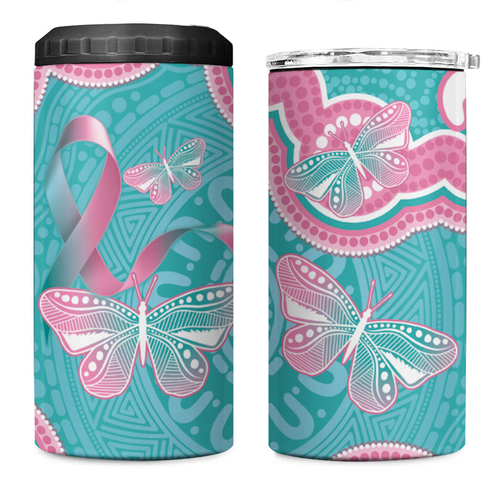Hereditary And Gynecologic Cancer Support 4 in 1 Can Cooler Tumbler Teal Pink Ribbon Aboriginal Art