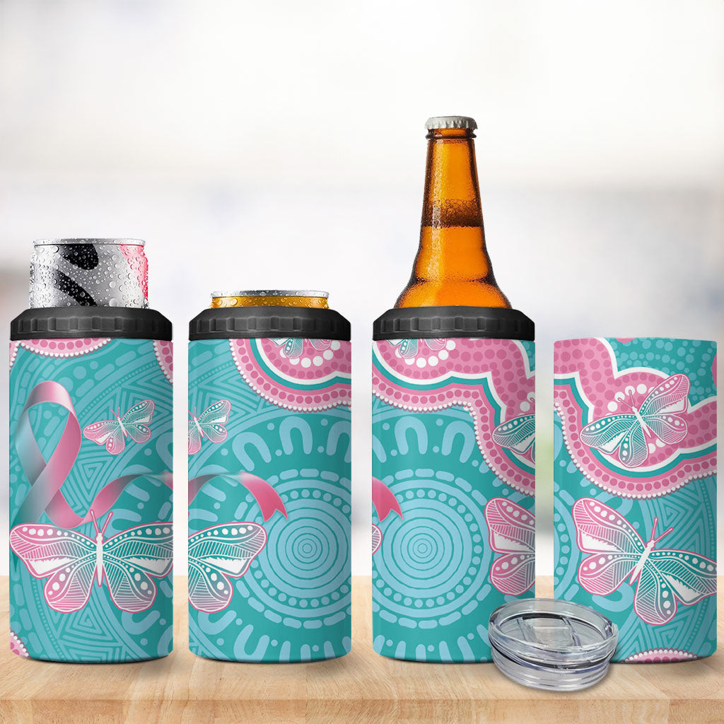 Hereditary And Gynecologic Cancer Support 4 in 1 Can Cooler Tumbler Teal Pink Ribbon Aboriginal Art