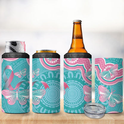Hereditary And Gynecologic Cancer Support 4 in 1 Can Cooler Tumbler Teal Pink Ribbon Aboriginal Art