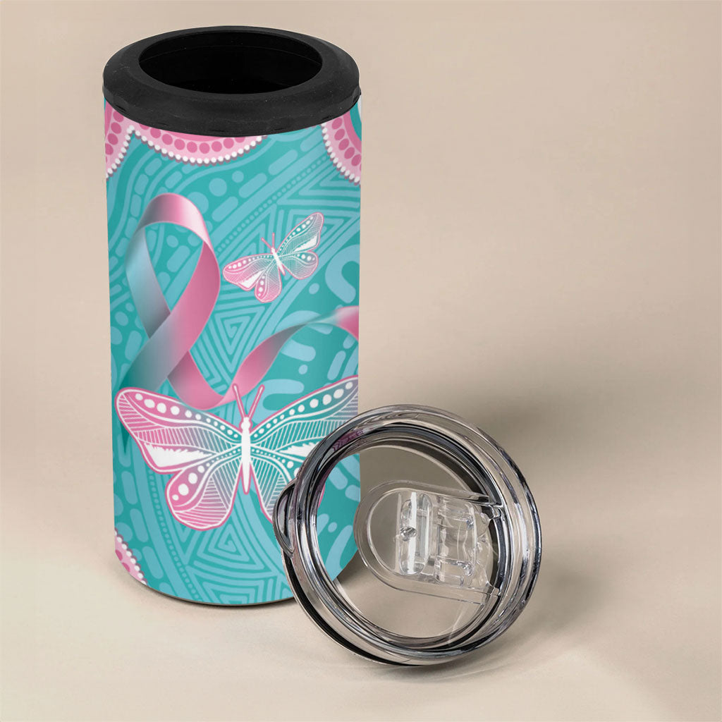 Hereditary And Gynecologic Cancer Support 4 in 1 Can Cooler Tumbler Teal Pink Ribbon Aboriginal Art