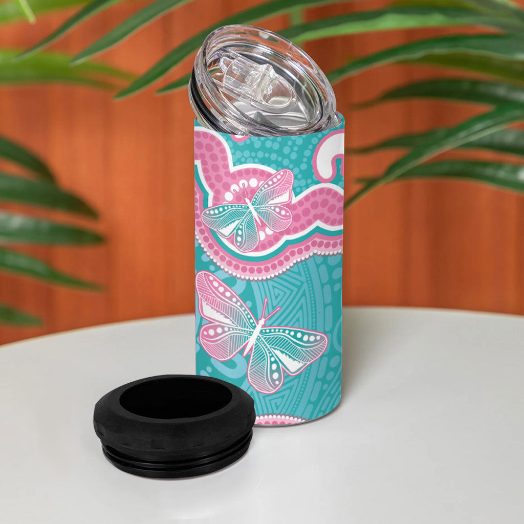 Hereditary And Gynecologic Cancer Support 4 in 1 Can Cooler Tumbler Teal Pink Ribbon Aboriginal Art