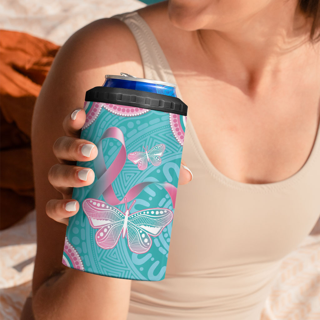 Hereditary And Gynecologic Cancer Support 4 in 1 Can Cooler Tumbler Teal Pink Ribbon Aboriginal Art