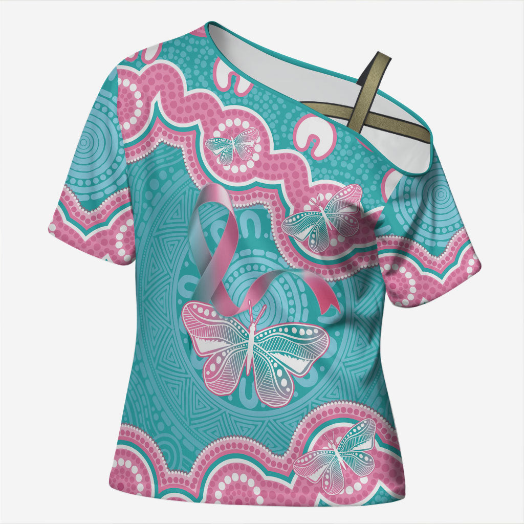 Hereditary And Gynecologic Cancer Support Cross Shoulder Shirt Teal Pink Ribbon Aboriginal Art