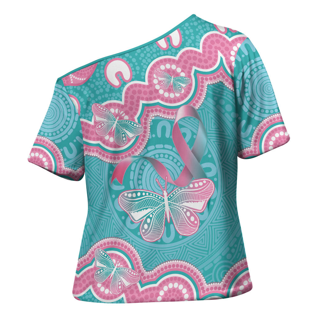 Hereditary And Gynecologic Cancer Support Cross Shoulder Shirt Teal Pink Ribbon Aboriginal Art