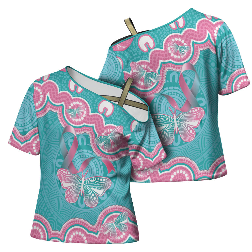 Hereditary And Gynecologic Cancer Support Cross Shoulder Shirt Teal Pink Ribbon Aboriginal Art